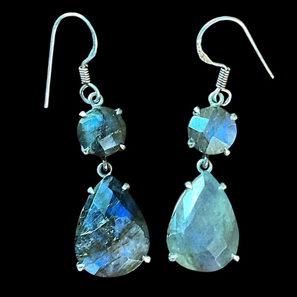 Vintage Faceted Sterling Silver Labradorite Teardrop Dangle Earrings